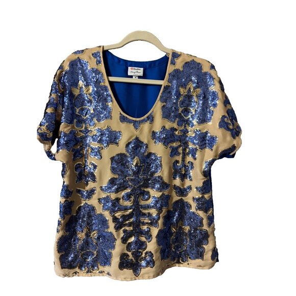 Tracy Reese Neiman Marcus Blue Gold Sequin Top M Medium Holiday Party - Picture 4 of 7